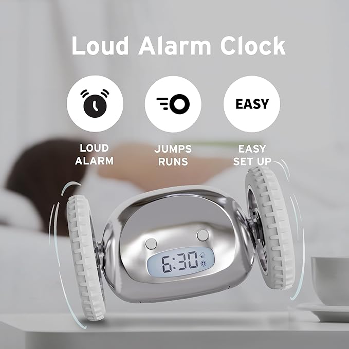 CLOCKY Extra Super Loud Alarm Clock for Heavy Sleepers Adults Kids Teens Bedroom, Move Jump Roll Run Away Easy to Set Smart Digital Mirror Alarm Clock on Wheels -Funny Gag Gift (Chrome)