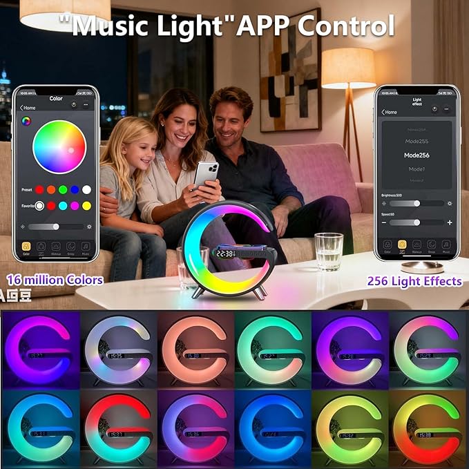 2026 New Wireless Speaker Charger, App Control Smart Alarm Clock LED Table Lamp Bluetooth Speaker Atmosphere Bedside Light with Wireless Charging Station,Alarm Clock Lamp Christmas Gift