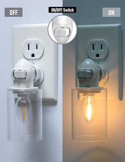 Modern Plug in Night Light with On Off Switch, 2-Pack 0.5W LED Night Lights Plug into Wall Socket, Warm Baby Nursery Nightlight with Clear Glass Lamp Shade for Adult Kids Room Bathroom Hallway