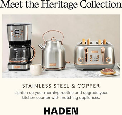 Haden Coffee Machine, 12 Cup Programmable Drip Coffee Maker with Auto Shut-Off Function and Reusable Washable Water Filter, Steel & Copper