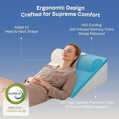 3PCS Wedge Pillow, Orthopedic Wedge Pillow for Acid Reflux, Back Pain Relief, Cooling Memory Foam Top, Bed Wedge Pillows for Headboard, Sleeping, Snoring, Back Support, After Surgery.