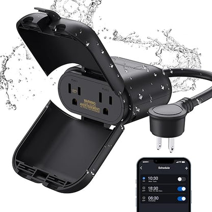 ELEGRP PQR21 Outdoor Smart Dimmer Plug Waterproof IP66, Smart WiFi Plug with 2 Individually Sockets, Compatible with Alexa & Google Assistant, Outdoor Dimmer for String Lights, UL Listed, 1 Pack