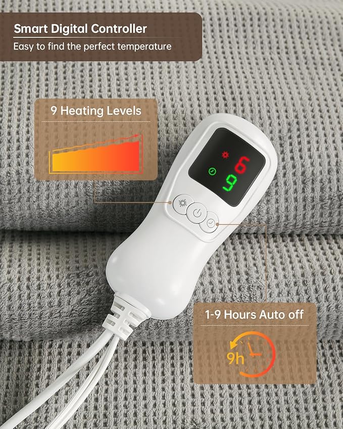 Heated Blanket Full Size Electric Blanket, Washable Blanket Warmer for Home for Adults, Fast Heating Super Cozy Soft Fabric, 72" x 84", 9 Heat Levels, 1-9H Auto-Off, ETL Certified, Gray