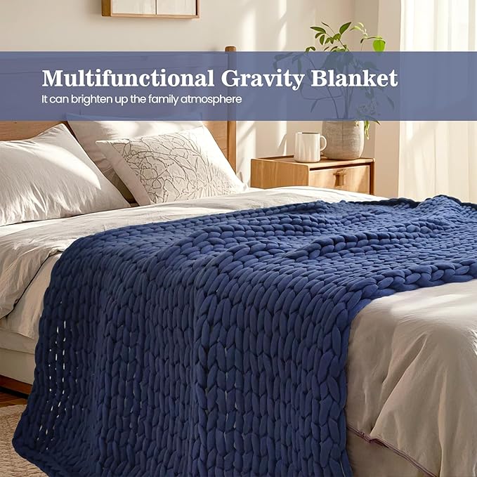 Hand-Knit Weighted Blanket for Adults, Chunky Knit Blanket, Cooling,Breathable,Sustainable,Machine Washable,Organic Cotton,Valentine's Day Birthday Gifts for Mom Women(Blue,40"*60",8lbs)