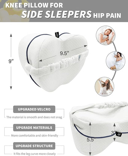 SPRING SEAON Knee Support Pillow for Side Sleepers – Deep Contour Memory Foam Leg Pillow with Adjustable Strap for Sciatica, Hip, Back & Knee Pain Relief – Breathable, Washable Cover, White