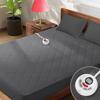 Heated Mattress Pad Twin Size Quilted Heating Electric Bed Warmer Luxury Comfort Heat Mattress Pad Cover Single Controller（10 Heat Setting | 1-12 Hours Auto Shut Off | with 8-21 Inch Deep Pocket）Gray