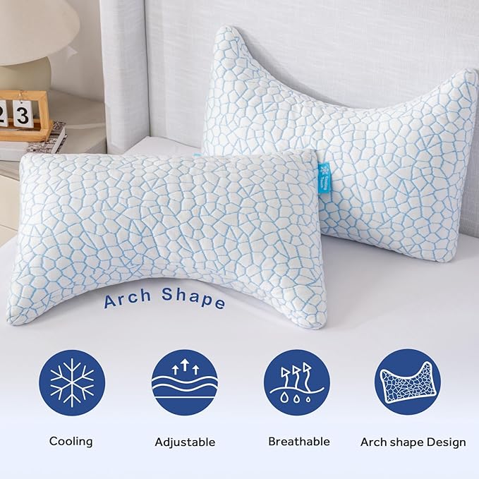 QUTOOL Double Sided Cooling Pillow for Side and Back Sleepers,Adjustable Soft & Firm Shredded Memory Foam Pillows for Neck Pain Relief,Curved Bed Pillows Queen Size Set of 2