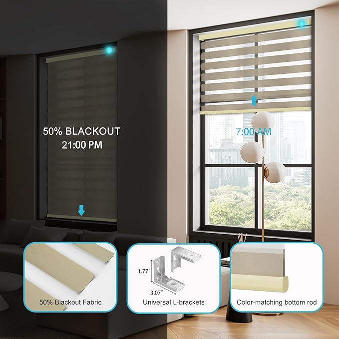 Motorized Zebra Blinds with Remote Smart Blind Work with Homekit Alexa SmartThings Electric Day and Night Shade Cordless Automatic Solar Powered Window Shade Customize(Starry Coffee)