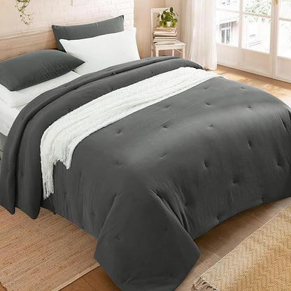 HOMBYS 100% Cotton Muslin Comforter Oversized King 128x120, Lightweight and Breathable Down Alternative Comforter,Soft Gauze Summer Dark Grey Reversible Fluffy Duvet Insert