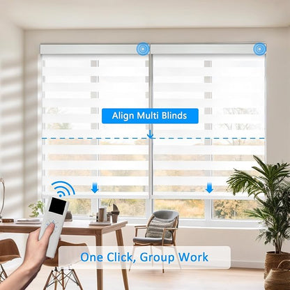 Motorized Zebra Blinds for Windows Cordless Electric Curtains with Remote Control Blackout Shades Custom Smart Blinds Compatible with Alexa Google Home(Light Filtering White,Custom Size)