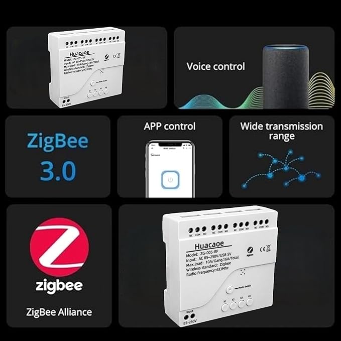 Zigbee 4CH AC 85-250V Relay Smart Switch Module,Wireless APP Remote Control with Inching/Self-Lock/Interlock Switch modle,Works with Tuya Zigbee Gateway,Alexa,Google Home (Required ZigBee Hub)