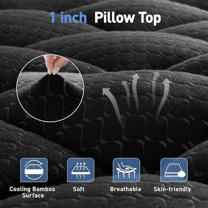 Dual Layer 3 Inch Memory Foam Mattress Topper Queen Size, 2 Inch Cooling Gel Memory Foam Plus 1 Inch Pillow Top Mattress Pad Cover, with 8-21 Inch Deep Pocket, Black
