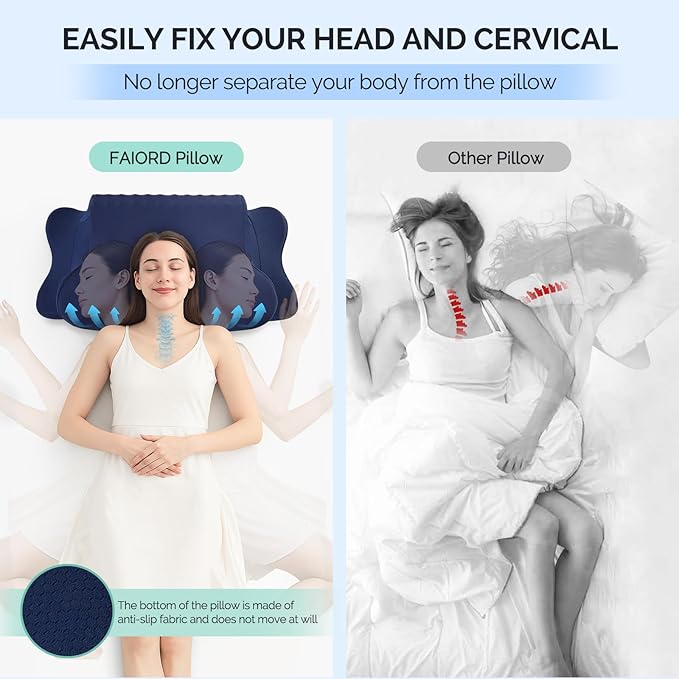 Cervical Pillow for Neck Pain Relief - Cooling Ergonomic Dual-Sided Orthopedic Neck Pillow with Ice Silk Pillowcase, Breathable Memory Foam Contour Pillow for Side, Back, Stomach Sleepers,All Black