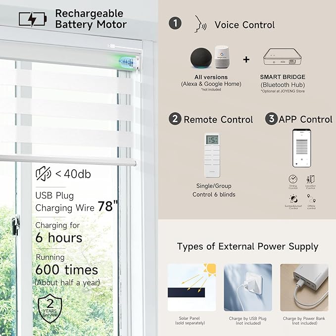 Motorized Zebra Blinds, Cordless Blackout Window Shades with Remote, Custom Dual Layer Smart Roller Shades Compatible with Alexa Google Assistant, Automatic Light Filtering Blinds,Luxury White