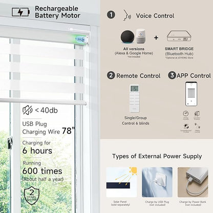 Motorized Zebra Blinds, Cordless Blackout Window Shades with Remote, Custom Dual Layer Smart Roller Shades Compatible with Alexa Google Assistant, Automatic Light Filtering Blinds,Luxury White