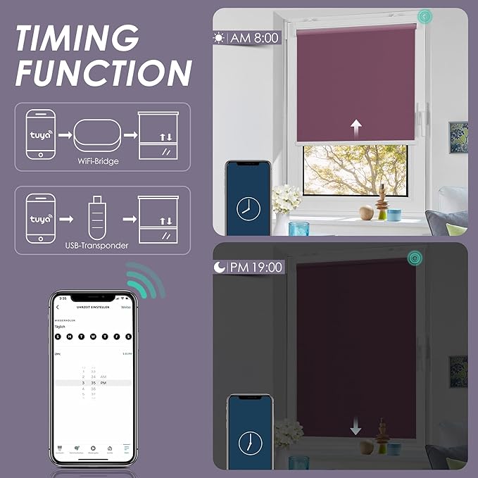 Allesin Motorized Roller Shade Blinds Compatible with Alexa for Window, Blackout Smart Shades Cordless with Remote Control, Electric Automated Blinds, Customized Size, Lithium Battery Motor(Purple)