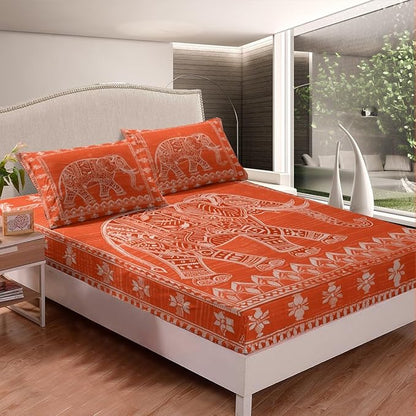 Manfei Native American Indian Style Kids Sheet Twin Size,Exotic Elephant Bohemia Bedding Set,Boys Girls Room Decor,Geometric Flowers Trippy Boho Orange Bed Sheet Set 3pcs(Fitted + Flat + 1 Pillowcase)