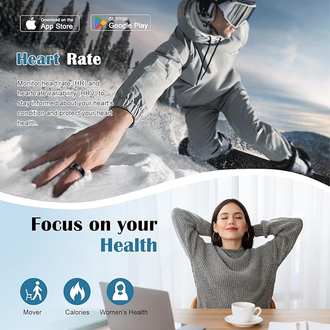 Smart Health Ring for Women Men,Fitness Tracker Smart Ring with Heart Rate,Sleep Monitor,Blood Oxygen,Steps,IP68 Waterproof Up to 5-7 Days Battery Life for iOS Android,No App Fee(Black,11)