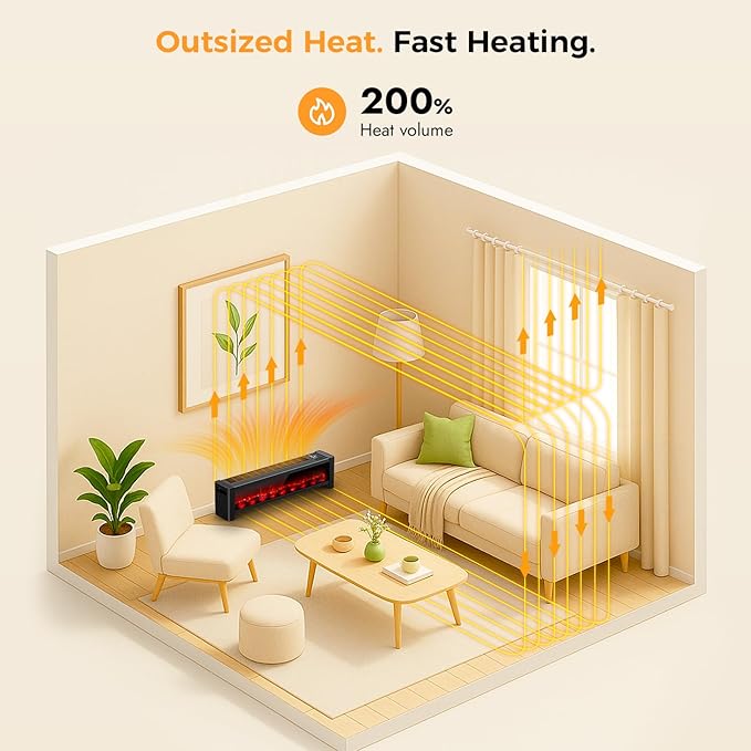 Baseboard Heater with Flame - 1000W Electric Fireplace Heater with Realistic 3D Flame Effect, Adjustable Thermostat Space Heater for Large Room, Office, Bedroom, Tip-Over & Overheat Protection