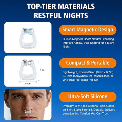 Anti Snoring Devices, Silicone Magnetic Anti Snoring Nose Clip, Nasal Strip for Snoring with Adjustable Magnet, Magnetic Nasal Strip, Stop Snoring for Men and Women, 8PCS