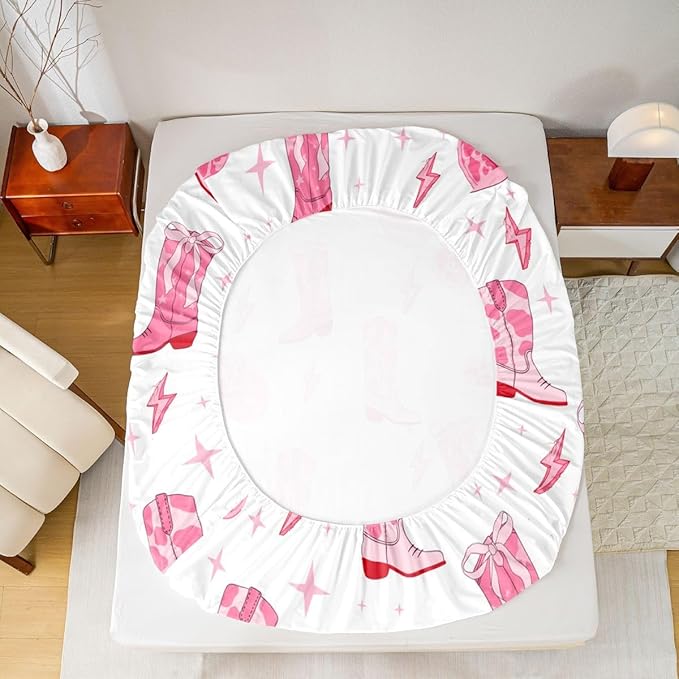 Manfei Western Cowgirl Bedding Set Twin Size Cartoon Lightning Pink Cowhide Starry Bed Set for Teens Kids Sheet Tribal Texas Stars Cowgirl Boots Hats Bed Cover(1 Fitted Sheet+1 Pillow Case)