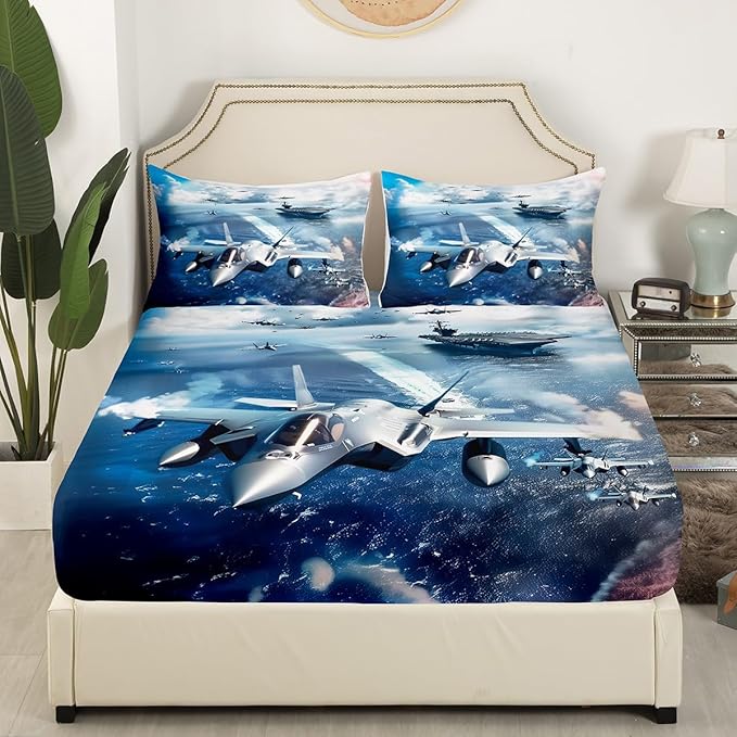 Fighter Aricraft Kids Fitted Sheet Twin Size,Warplane Warship Ocean Waves Bedding Set,Boys Men Room Decor,Aviation Theme Modern Fashion Bed Cover,Blue Bed Sheet,1 Pillowcase