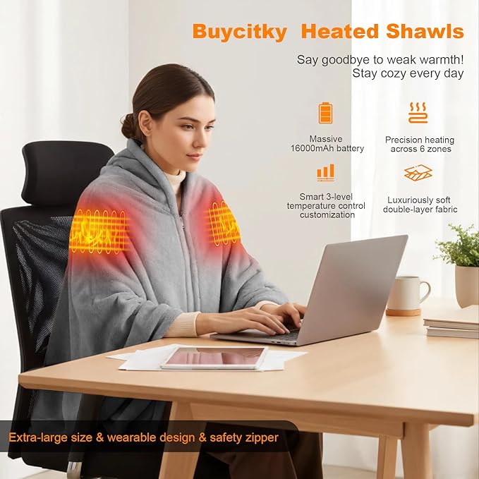 16000mAh Heated Blanket Battery Operated Soft Cordless Heated Blanket Shawl Portable Heated Throw Blanket Poncho Wraps Fast Heating with 3 Heat Levels 6 Heating Zones
