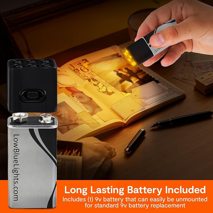 LowBlueLights Mini Amber Flashlight, 9V-Battery, Blue Light Blocking Amber LED Flashlight, Small Pocket Flashlight for Eye Care & Sleep Aid