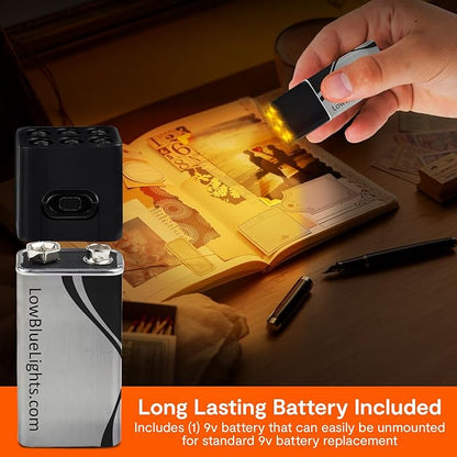 LowBlueLights Mini Amber Flashlight, 9V-Battery, Blue Light Blocking Amber LED Flashlight, Small Pocket Flashlight for Eye Care & Sleep Aid
