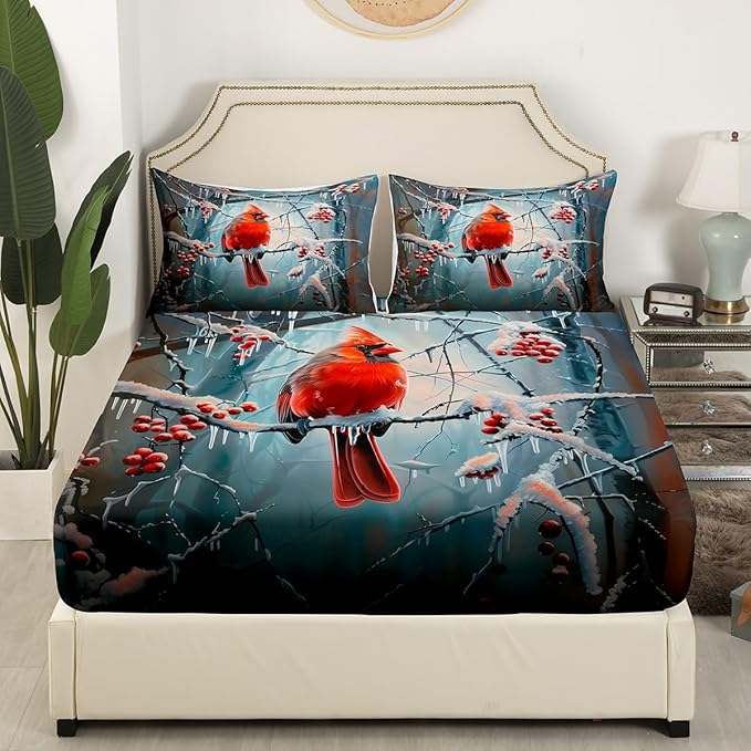 Cardinal Kids Fitted Sheet Twin Size,Snowflake Dead Branch Bedding Set,Boys Girls Room Decor,Red Sparrow Rustic Bird Farm Animal Bed Cover,Red Grey Bed Sheet,1 Pillowcase
