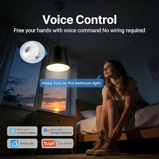 LoraTap Smart Wi-Fi LED Light Bulb Socket Adapter E26 Lamp Holder ﻿Timer, Compatible with Google Assistant and Alexa Voice Control, Smart Life App Control, Max. Watt 30W