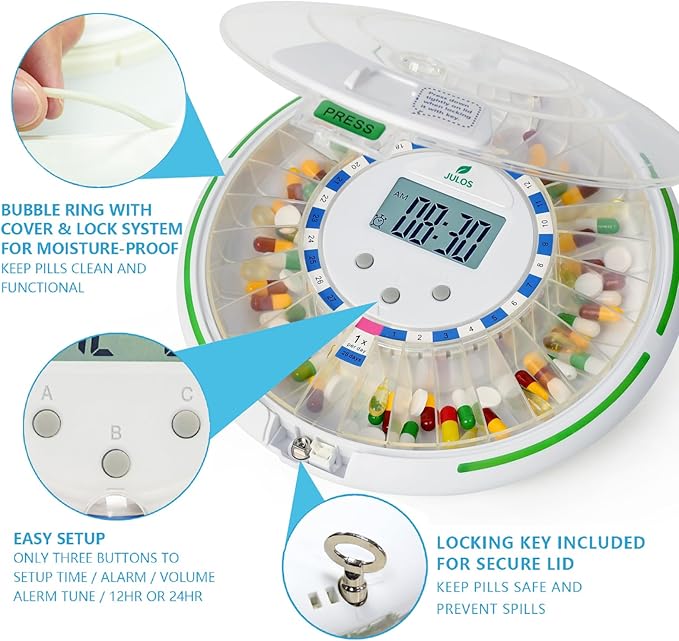 JULOS Locked Automatic Pill Dispenser with Sound & Light Alerts for Elderly, 28-Day Electronic Medication Organizer, up to 6 Alarms/Day, 6 Dosage Rings, Pill Dispenser for Vitamins & More, Clear Lid