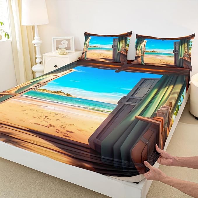 Beach Boys Girls Bed Sheets,Coastal Ocean Hawaii Sea Room Decor,Nautical Wooden Door Seaside Kids Twin Size Fitted Sheet,Blue Brown Bedding Set,1 Pillowcase(No Flat)