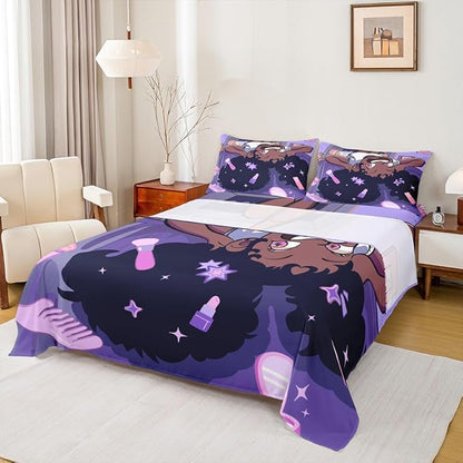 Black Princess Girl Kids Sheet King Size,African American Cartoon Cosmetic Easy Wash Bedding Set,Star Magical Cute Y2K Chic Boys Girls Room Decor,Purple Sheet(Fitted+Flat+2 Pillowcases)