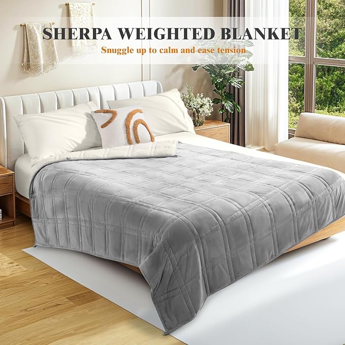 LBRO2M Sherpa Weighted Blanket 15 lbs, Heavy Blanket Sherpa Flannel with Glass Beads, Soft Thick Comfort Blankets for Adults,Bed Heavy Blanket 60 X 80 Inches, Gray