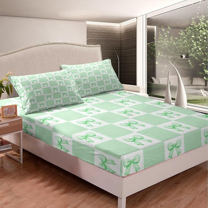 Green Bowknot Bedding Set Full Size,Geometric Green White Plaids Grids Patchwork Fitted Sheet,Princess Bow-tie Dreamy Girly Bow Sheet Set for Kids Teens Adults Bedroom Decor,2 Pillowcases