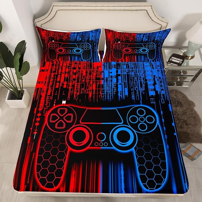 Manfei Gamer Gamepad Kids Sheet Full Size,Video Gaming Controller Bedding Set,Boys Girls Room Decor,Geometric Honeycomb Hexagon Neon Fashion Red Blue Bed Sheet Set 4pcs(Fitted + Flat + 2 Pillowcases)