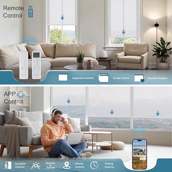 Motorized Light Filtering Shades Work with Homekit Thread-Enabled,50% Blackout Smart Blinds for Windows, Electric Blinds with Remote, APP/Voice Control, Sunscreen PVC Free Wihte