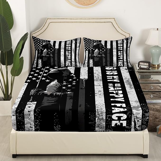 Manfei Fencing Fitted Sheet Queen Size, Sword Fighting Sports Theme Bedding Set 3pcs, American Flag Fencer Bed Cover with 2 Pillowcases, Kids Boys Teens Room Decor, Soft Bedding(No Top Sheet)