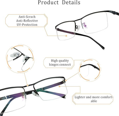 LifeArt Alloy Semi-Rimless Reading Glasses,Blue Light Blocking Glasses, Anti Eyestrain, Computer Gaming Glasses, TV Glasses for Men, Anti Glare (Black, +0.25 Magnification)
