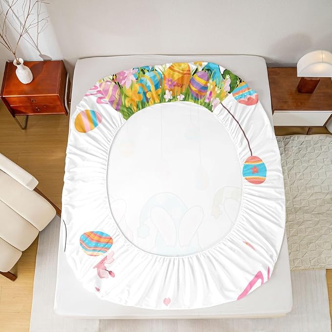 Lovely Gnome Fitted Sheet Twin Size Eggs Flowers Happy Easter Bedding Set for Kids Bedroom Floral Spring Cartoon Bed Sheet Set 2pcs White Colorful Deep Pocket Mattress Cover,No Top Flat