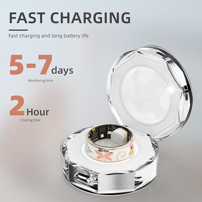 Vintage Smart Ring for Women and Men, Fitness Tracker with Heart Rate Monitor, Sleep Tracker, 8 Sport Modes, Step Counter, IP68 Waterproof, 5-Day Battery, Crystal Magnetic Charging Case