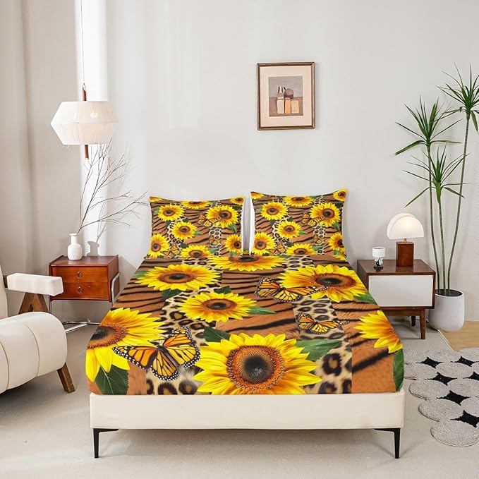 Manfei Brown Leopard Print Sheet Set Full Sunflower Butterfly Bedding for Kids Teens Room Decor,Plant Animal Soft Bed Sheet Set 4pcs with Deep Pocket Fitted Sheet + Flat Sheet + 2 Pillowcases