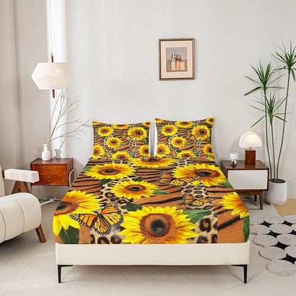 Manfei Brown Leopard Print Sheet Set Full Sunflower Butterfly Bedding for Kids Teens Room Decor,Plant Animal Soft Bed Sheet Set 4pcs with Deep Pocket Fitted Sheet + Flat Sheet + 2 Pillowcases