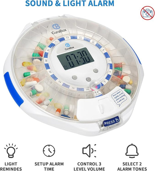 Automatic Pill Dispenser with Bluetooth, 28 Day Medication Organizer Easy-Read LCD Display with Locking Key, Adjustable Sound Alarms for Medication, Vitamins, Supplements