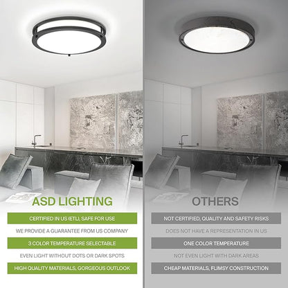 ASD LED 18" Round Flush Mount Lighting, Close to Ceiling Light Fixture | 3CCT, Dimmable, Energy Star, ETL Listed | 28W 2230LM 3000-5000K 120V | Low Profile Double Ring Lamp | Black