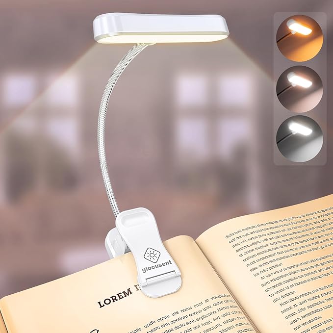 Glocusent Horizontal ET-Head Book Light for Reading in Bed, Eye Caring, CRI 95, 3 Colors & 5 Brightness, Rechargeable Long Lasting Reading Light, 1.8Oz Lightweight & Portable, Perfect for Book Lovers