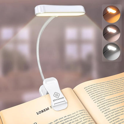 Glocusent Horizontal ET-Head Book Light for Reading in Bed, Eye Caring, CRI 95, 3 Colors & 5 Brightness, Rechargeable Long Lasting Reading Light, 1.8Oz Lightweight & Portable, Perfect for Book Lovers