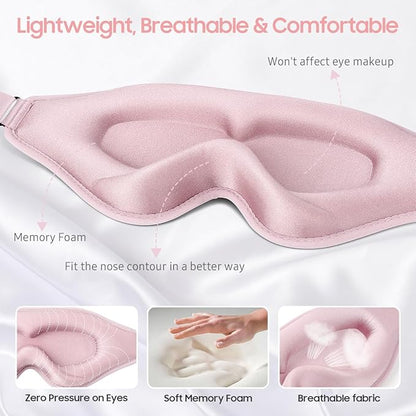 Sleep Mask, Premium Eye Mask for Sleeping, Total Blackout, Super Soft Comfort, Adjustable Fit, Upgraded 3D Ergonomic Designed Sleeping Mask for Home, Office, Travel, Meditation, Yoga, Pink