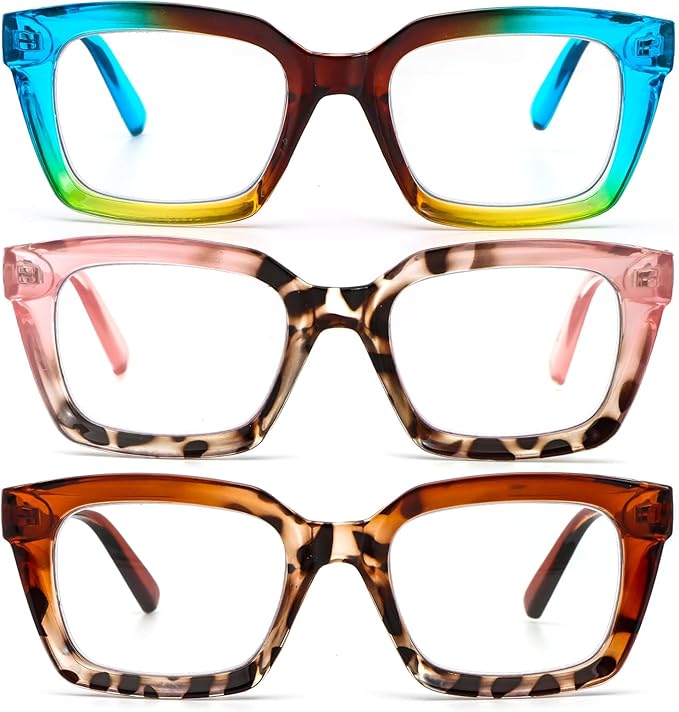 DXYXYO Oprah Style Reading Glasses Women 3.0 Blue Light Blocking, Square Oversized Computer Readers 3 Pack Retro Fashion, Blue+pink+brown